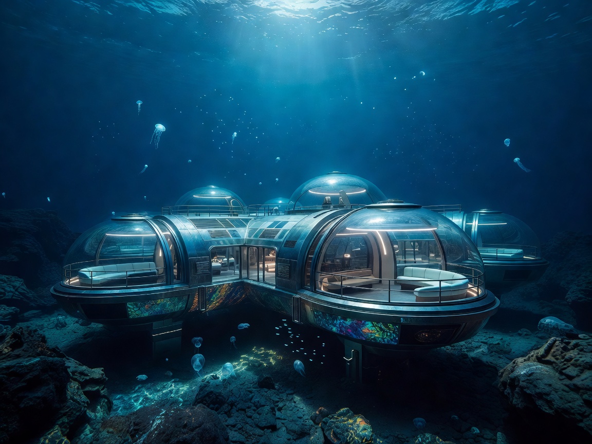 Luxury deep-sea expedition base with glass observation domes and crystal-blue water