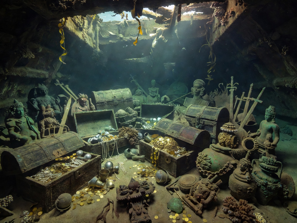 Sunken ancient shipwreck vault filled with treasure chests and bronze artifacts
