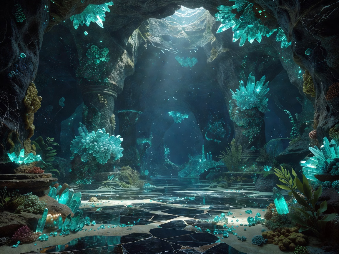 Breathtaking underwater palace cavern with turquoise crystals